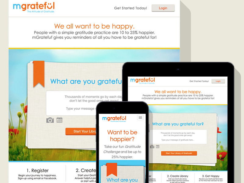 We created a sunny brand and 
engaging interface for Mgrateful, a mobile gratittude journal.